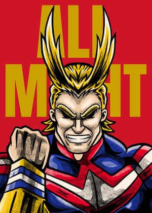 動漫超級英雄 All Might 身穿紅藍白套裝，有著尖刺金髮和緊握的拳頭。