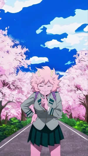 粉紅色頭髮的動漫女孩穿著校服站在櫻花下。