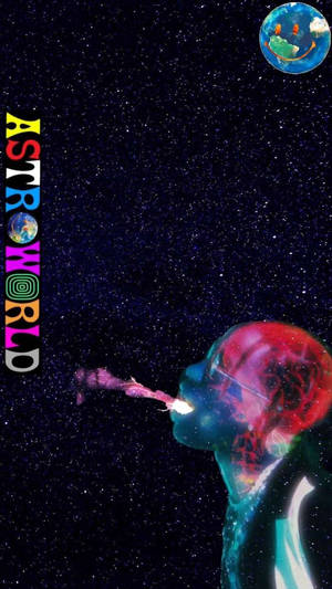 一個發光的人形向太空呼出彩色星雲，上方有微笑的地球。