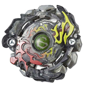 一個色彩繽紛的旋轉Beyblade玩具，帶有火焰圖案和綠色中心。