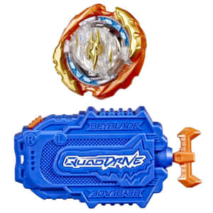 藍色和橙色Beyblade發射器，帶有相配的陀螺，顯示在白色背景上。