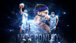 身穿孟菲斯球衣的籃球運動員Mike Conley在星空宇宙背景前。