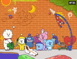 BT21卡通角色在磚牆前玩太空塗鴉和洗衣。