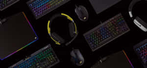 Gaming peripherals including keyboards mice and headphones with colorful backlighting.