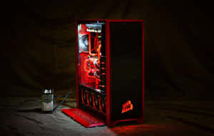 自訂紅色遊戲PC，在黑暗房間中帶有發光內部和匹配鍵盤。