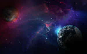兩顆行星漂浮在充滿星星的彩色宇宙星雲中。