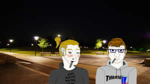 兩個插圖青少年在夜晚的公園裡吸煙，背景有街燈。