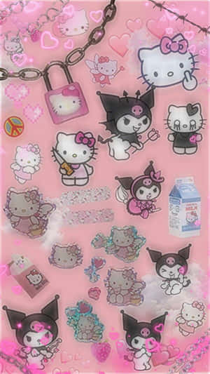 Hello Kitty和Kuromi角色在粉紅色心形和雲朵牆紙中。