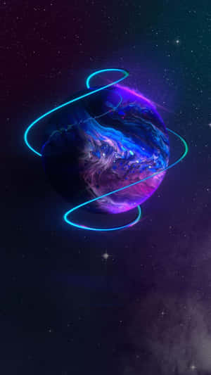在星空場景中，一顆發光的行星，帶有旋轉的色彩和青綠色環。