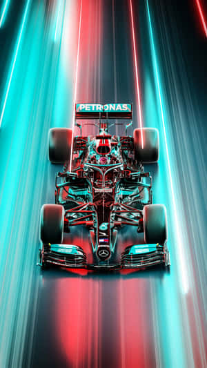 F1 賽車穿過霓虹光帶飛馳