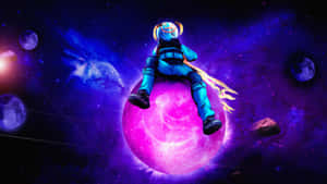 雙馬尾動漫太空人坐在發光粉紅色行星上，處於繁星點點的宇宙場景中。