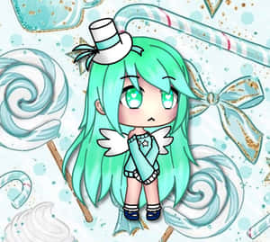 薄荷綠髮帶翅膀的Q版動漫女孩，被糖果漩渦和蝴蝶結包圍。 — Gacha life GIF 壁紙