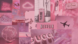 粉調拼貼畫，包含電話亭、蝴蝶、Netflix和奢華品牌。 — 簡約美學筆電 壁紙