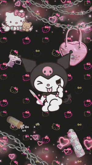 Kuromi 拿著刀，帶有粉紅心形、鎖鏈和Hello Kitty物品，背景是深色閃爍。