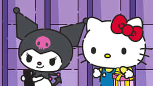 Hello Kitty 和 Kuromi 在紫色條紋前拿著禮物和電話。