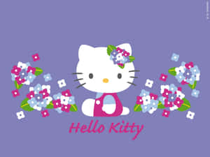 Hello Kitty 卡通角色穿著粉紅色裙子，周圍有花朵。