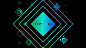 幾何標誌，帶有發光青色的 Omen 文字，背景為黑色。