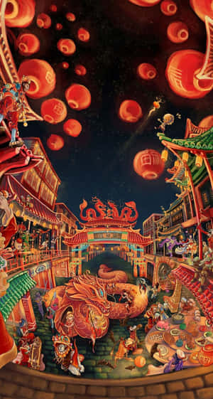 節日的中國街道，夜晚有舞龍和漂浮的燈籠。 — 中國新年 壁紙