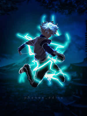 動畫男孩在深藍色夜景中帶著發光的電能跳躍。