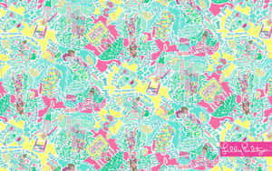 色彩繽紛的 Lilly Pulitzer 圖案，包含女孩、柑橘和文字，背景為粉紅色、黃色和藍綠色。 — 夏日風格 壁紙
