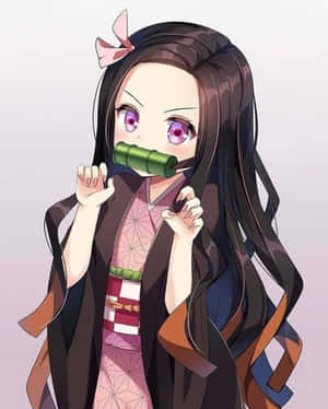 穿和服的動漫少女，戴竹面具，頭髮上有粉紅蝴蝶結。