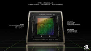 NVIDIA Ada Lovelace GPU 晶片，帶有彩虹電路和技術規格，位於深色網格上。