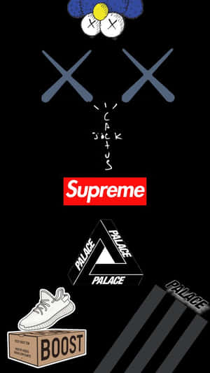 一個圖形設計，包含 Supreme Palace 和 Yeezy Boost 標誌以及一個盒子上的運動鞋。