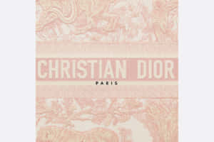 粉紅色紋理牆紙，帶有Christian Dior Paris品牌和裝飾圖案。