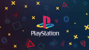 PlayStation 標誌被漂浮的色彩繽紛幾何形狀包圍，背景為深色。
