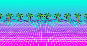 霓虹網格景觀，棕櫚樹在青色天空下。