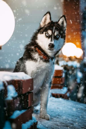 一隻藍眼睛的哈士奇狗在夜晚的街燈下，站在磚牆附近的雪地裡。