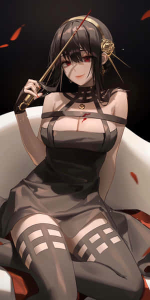 紅眼動漫女孩手持染血劍坐在白色椅子上，紅色花瓣飄落。