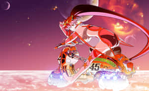動漫女孩騎著未來感摩托車在滿天星斗的外星天空中奔馳。