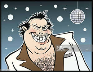 卡通男人在星空夜景中於迪斯科球下咧嘴笑。