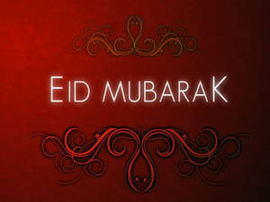 Eid Mubarak 祝福語，帶有發光文字和裝飾性漩渦，背景為紅色