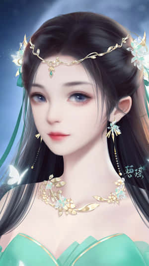 深色頭髮、戴著花卉金色珠寶的動漫女孩，穿著綠色連衣裙，背景為藍色。