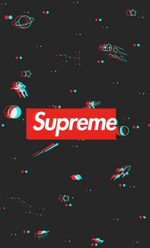 Supreme標誌被太空圖標環繞在深色背景上