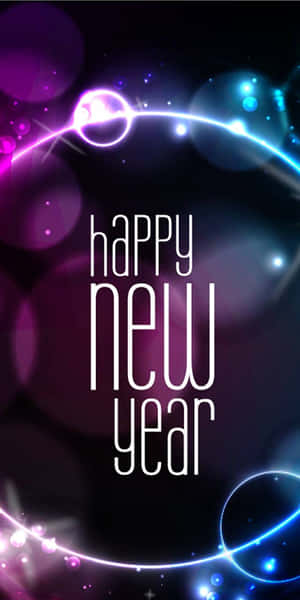 Happy new year 文字被發光的霓虹燈和散景效果包圍。