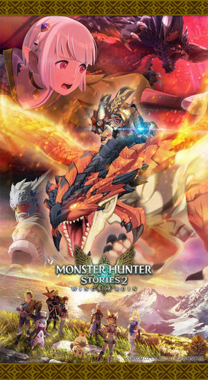 《魔物獵人物語2》動畫海報，角色與龍在山上背景中。