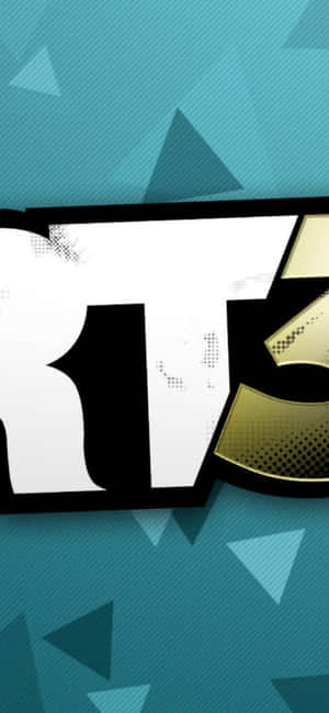RT3標誌，白色和金色字體，置於青綠色三角形圖案背景上。 — POCO X 壁紙