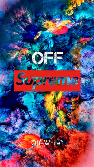 Off White Supreme 標誌在色彩繽紛的抽象顏料潑濺背景上。