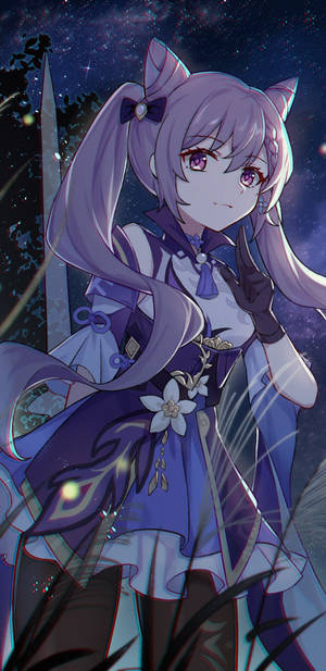 紫髮貓耳動漫少女在星空下手持發光劍。