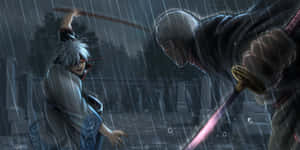 兩個武士在雨夜的墓地中持劍戰鬥。