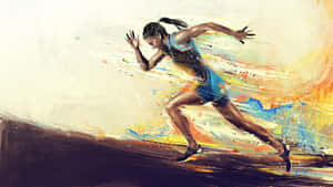 一位正在奔跑的女性跑者，周圍環繞著充滿活力的抽象顏料飛濺。