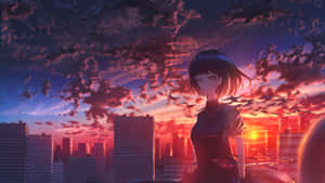 短黑髮的動漫女孩站在日落時分的城市天際線前，鳥兒在她周圍飛翔。