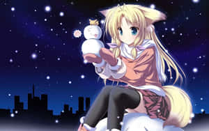 狐耳動漫女孩在星空夜空下城市上方抱著雪人。