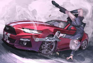 動漫女孩從紅色跑車中踢出，手持槍支。 — 可愛動漫 壁紙