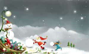 聖誕老人和馴鹿在雪中奔跑，雪人在雪橇上，星空下 — 動漫聖誕 壁紙