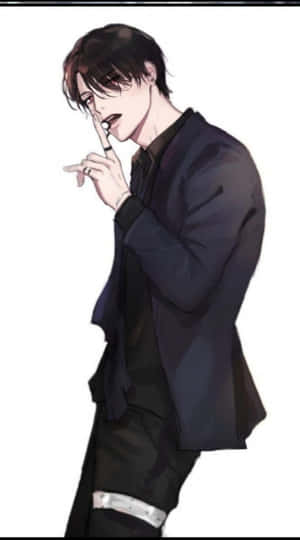 深色西裝動漫男子將手指放在嘴唇上做出安靜手勢。
