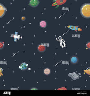 卡通太空人和火箭在色彩繽紛的行星和星星之間。